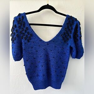 Vintage Cobalt Blue V Neck Short Sleeve Sweater Top Black Beadwork Size Medium